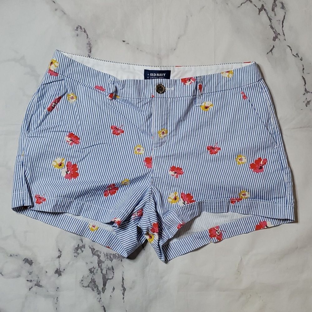 Old Navy Blue/White Stripe Floral Everyday Shorts